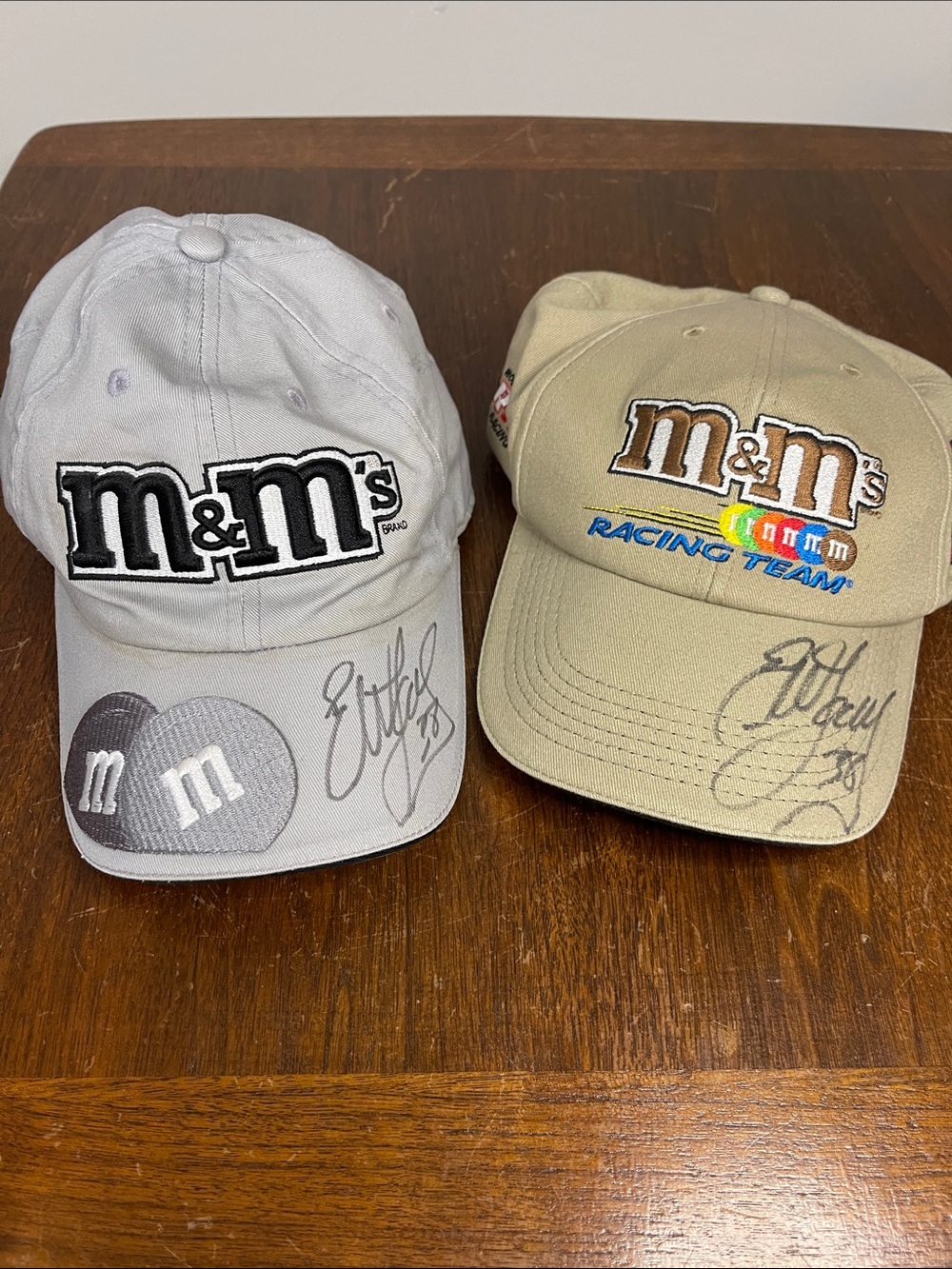 M&M'S Branded Light Gray and Khaki Racing Team Caps signed by Elliot Sadler